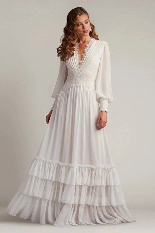 Romantic A-Line V-Neck Lace Long Sleeve Zipper Back Floor-Length Prom Dress by YiHuiw