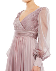 Romantic A-Line V Neck Long Sleeve Open Back Floor Length Prom Dress