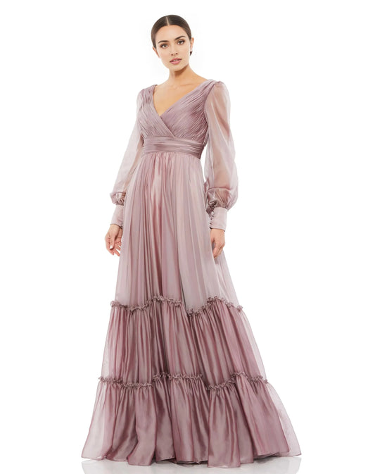 Romantic A-Line V Neck Long Sleeve Open Back Floor Length Prom Dress