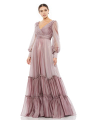 Romantic A-Line V Neck Long Sleeve Open Back Floor Length Prom Dress