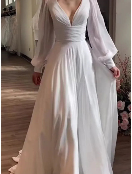 A-Line Chiffon Long Sleeve Train Wedding Dress - Yihuiw by Yihuiw