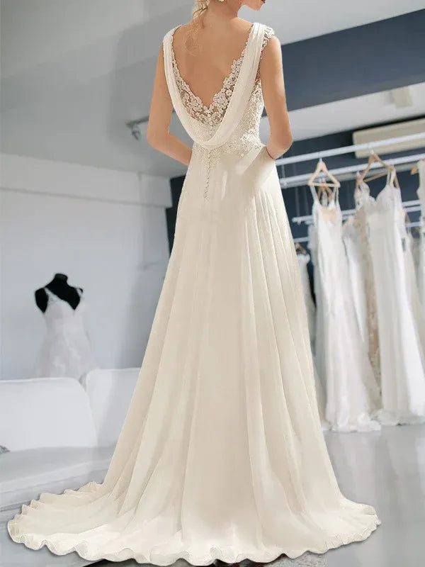 A-Line Cowl Neck Chiffon Cap Sleeve Train Wedding Dress - Yihuiw by Yihuiw