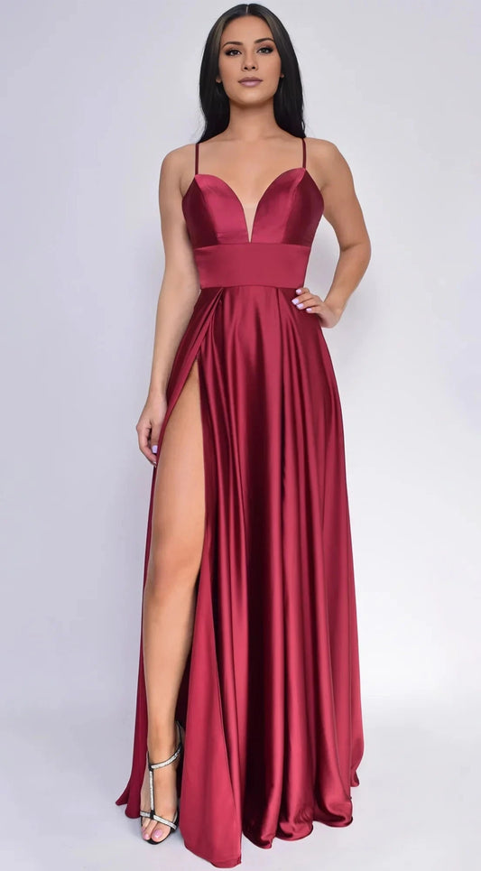 Romantic-Chic Satin Spaghetti-Strap Deep V-Neck A-Line High-Slit Floor-Length Evening Dress by YiHuiw