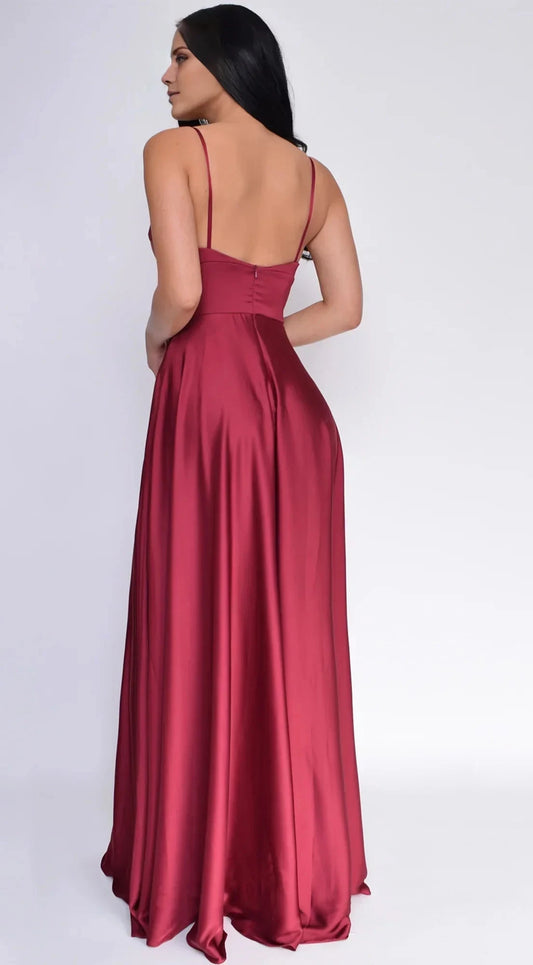 Romantic-Chic Satin Spaghetti-Strap Deep V-Neck A-Line High-Slit Floor-Length Evening Dress by YiHuiw