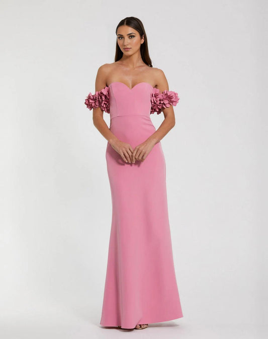 Romantic Mermaid Off Shoulder Floral Sleeve Open Back Floor Length Prom Dress