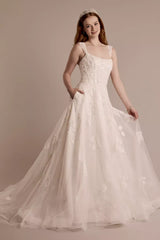 Romantic A-Line Square-Neck Sleeveless Lace-Embellished Open-Back Pocket Train Wedding Dress