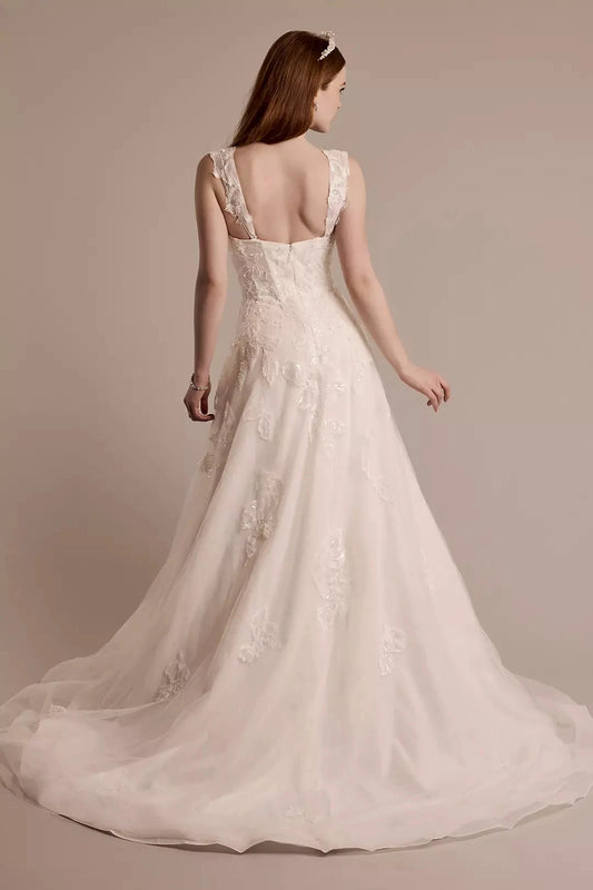 Romantic A-Line Square-Neck Sleeveless Lace-Embellished Open-Back Pocket Train Wedding Dress by YiHuiw