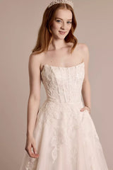 Romantic A-Line Square-Neck Sleeveless Lace-Embellished Open-Back Pocket Train Wedding Dress