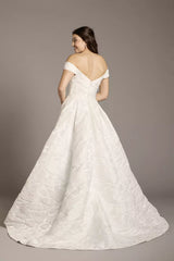Romantic Ballgown Off-the-Shoulder Textured Satin V-Back Floor-Length Train Wedding Dress