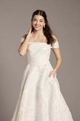 Romantic Ballgown Off-the-Shoulder Textured Satin V-Back Floor-Length Train Wedding Dress