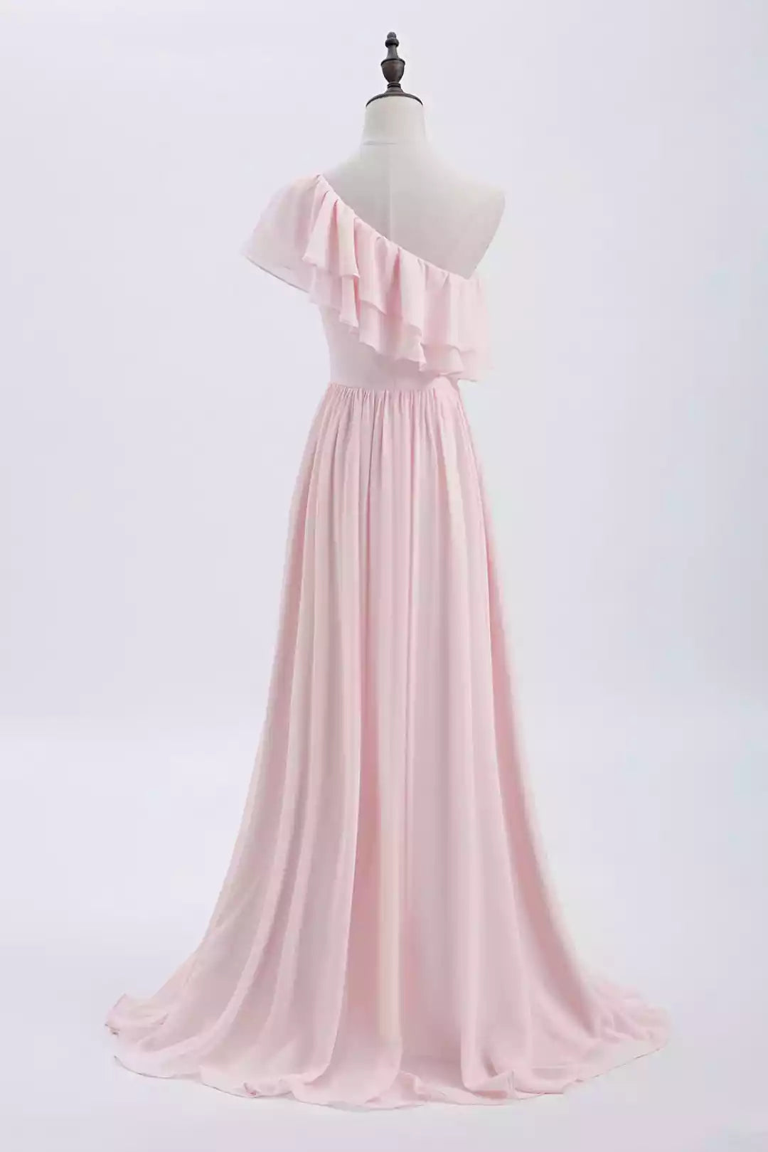 Romantic Blush Pink Chiffon One-Shoulder Dress with Ruffle Detail