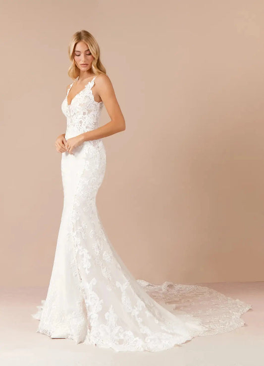 Romantic Bridal Gown Plunging V-Neck Lace Bodice and Flowing Chapel Train Wedding Dresses by YiHuiw
