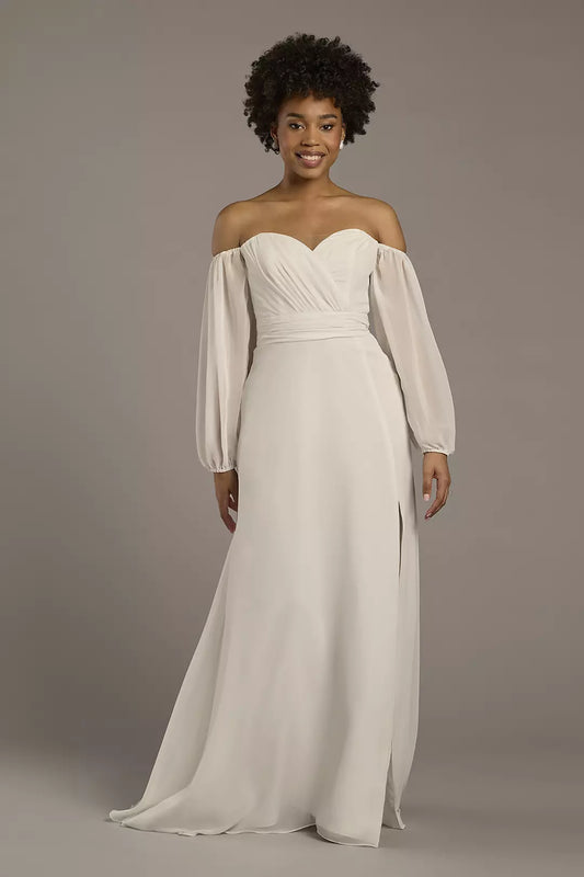 Romantic Chiffon Fit-and-Flare Off-the-Shoulder Puff-Sleeve Low-Back High-Slit Wedding Dress