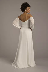 Romantic Chiffon Fit-and-Flare Off-the-Shoulder Puff-Sleeve Low-Back High-Slit Wedding Dress