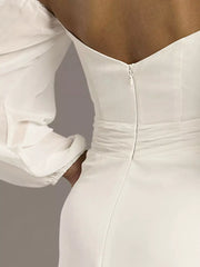 Romantic Chiffon Fit-and-Flare Off-the-Shoulder Puff-Sleeve Low-Back High-Slit Wedding Dress