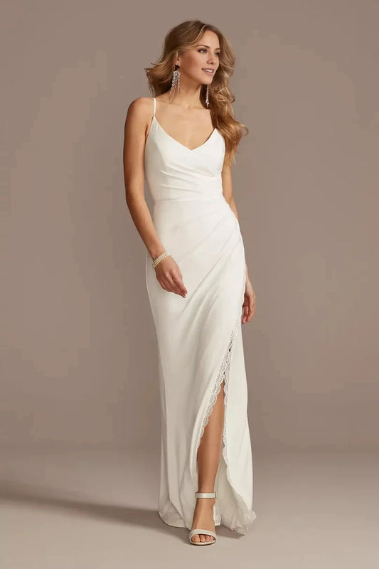 Romantic Chiffon Sheath Spaghetti-Strap Cross-Back Lace-Trim High-Slit Wedding Dress by YiHuiw
