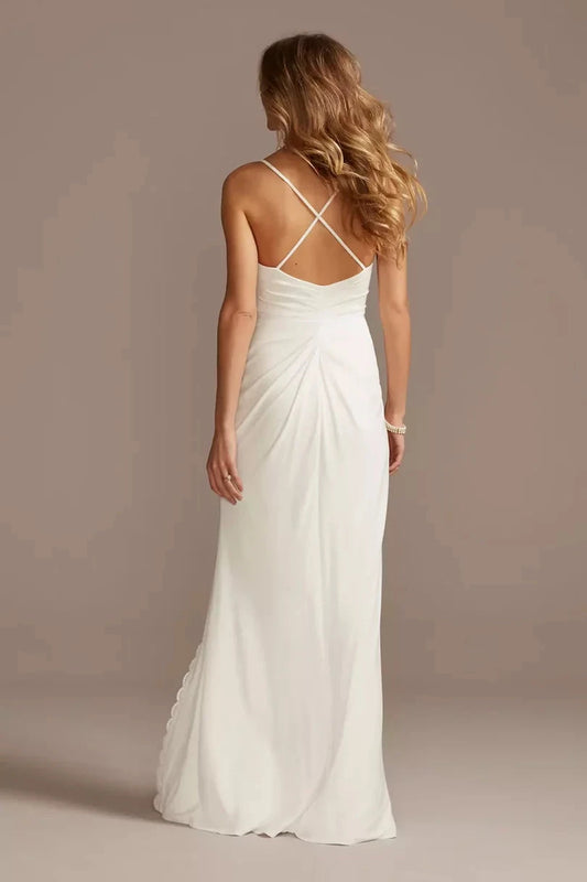 Romantic Chiffon Sheath Spaghetti-Strap Cross-Back Lace-Trim High-Slit Wedding Dress by YiHuiw