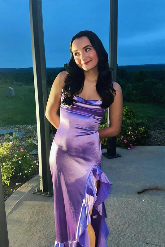 Romantic Cowl Neck Lilac Satin Mermaid Prom Dress with Ruffled High Thigh Slit & Lace-Up Back by JiMiss Dresses