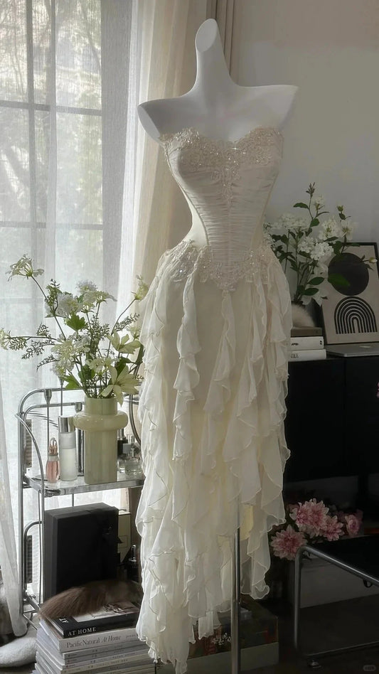 Romantic Elegant Exquisite Beaded Backless Long Chiffon Ruffle Homecoming Dress simple gentle atmospheric and unique desi Bring summer colors to enhance whiteness by YiHuiw