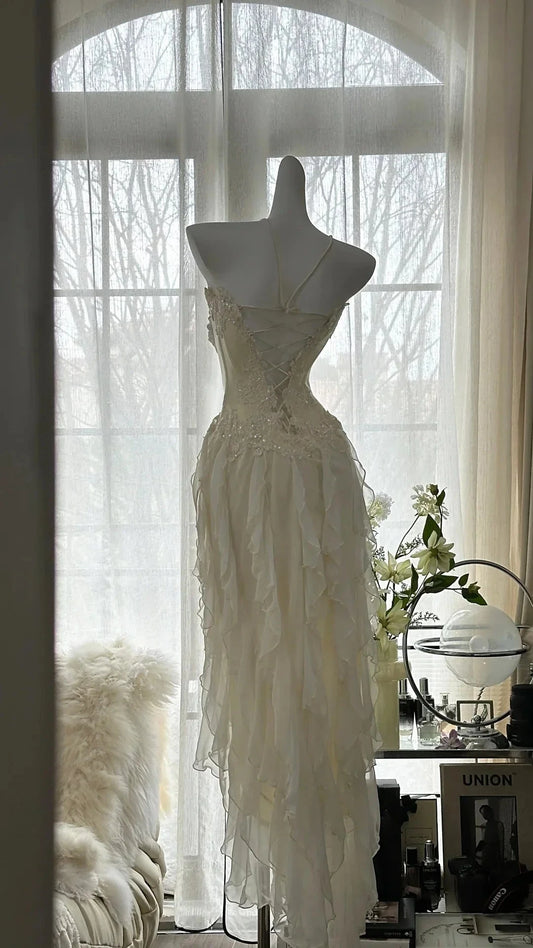 Romantic Elegant Exquisite Beaded Backless Long Chiffon Ruffle Homecoming Dress simple gentle atmospheric and unique desi Bring summer colors to enhance whiteness by YiHuiw
