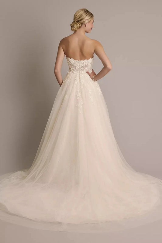Romantic Fairytale A-Line Strapless Deep V-Neck 3D Lace Tulle Open-Back Sweeping Train Wedding Dress by YiHuiw