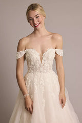 Romantic Fairytale A-Line Strapless Deep V-Neck 3D Lace Tulle Open-Back Sweeping Train Wedding Dress