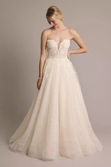 Romantic Fairytale A-Line Strapless Deep V-Neck 3D Lace Tulle Open-Back Sweeping Train Wedding Dress