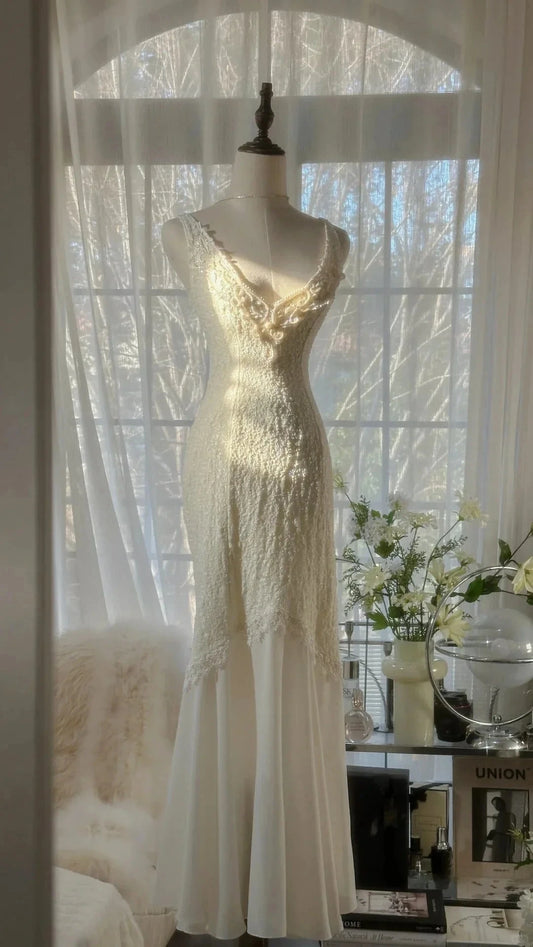 Romantic Fashion Elegant Exquisite Lace Long Chiffon Ball Gown Evening Dress simple gentle atmospheric and unique desi Bring summer colors to enhance whiteness by YiHuiw