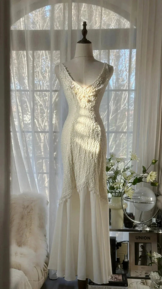 Romantic Fashion Elegant Exquisite Lace Long Chiffon Ball Gown Evening Dress simple gentle atmospheric and unique desi Bring summer colors to enhance whiteness by YiHuiw