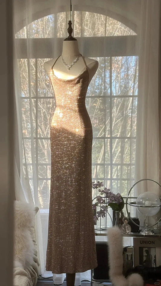 Romantic Gorgeous Shiny Exquisite Beaded Spaghetti Straps V Neck Long Sequined Chiffonsimple gentle atmospheric and unique desi Bring summer colors to enhance whiteness by YiHuiw