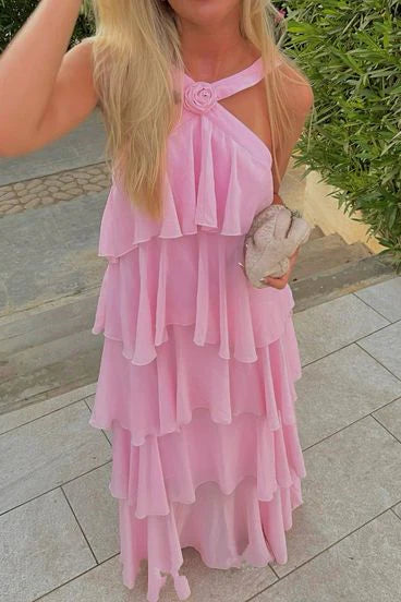 Romantic Halter Neck Tiered Ruffle Prom Dress with Low Open Back & Chiffon Maxi Skirt by JiMiss Dresses