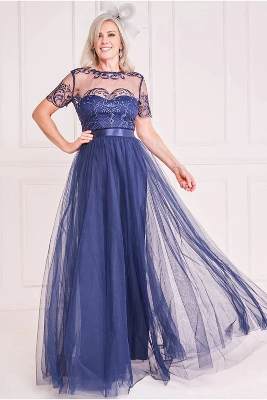 Romantic Lace Illusion Neckline Short Sleeve Tulle A-Line Floor-Length Mother of the Bride Dress by YiHuiw