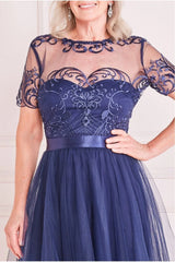 Romantic Lace Illusion Neckline Short Sleeve Tulle A-Line Floor-Length Mother of the Bride Dress