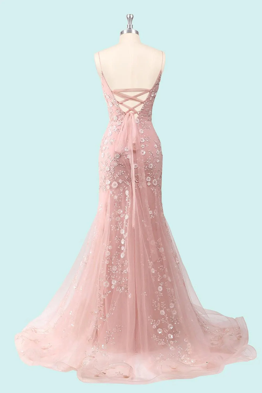 Vestido de noche romántico de sirena con bordado floral y espalda con cordones