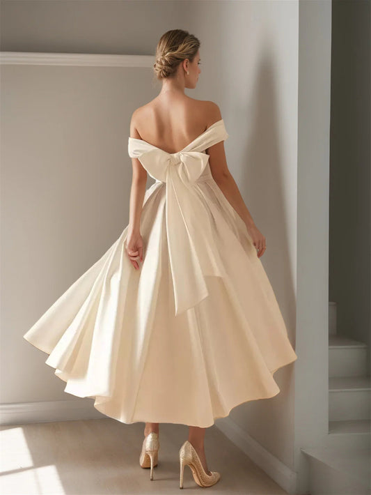 Romantic Off-Shoulder Sweetheart Neck Satin Tea-Length Wedding Dress with Oversized Back Bow