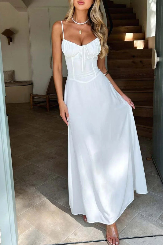 Romantic Ruched Bust Evening Dresses with Spaghetti Straps, Lace-Up Back and Flowing Maxi Skirt Formal Gown by LANQI DRESS