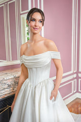 Romantic Satin Ballgown Off-the-Shoulder Cowl-Neck Corset-Bodice Low-Back Train Wedding Dress