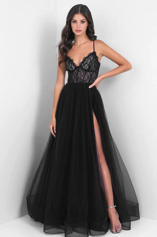 Romantic Spaghetti Strap Lace Corset Tulle High Slit Lace-Up Back A-Line Prom Dress
