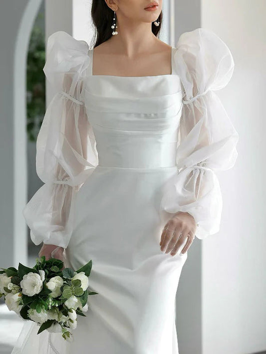 Romantic Square Neck Satin Mermaid Wedding Dress with Sheer Puff Sleeves & Lace-Up Back