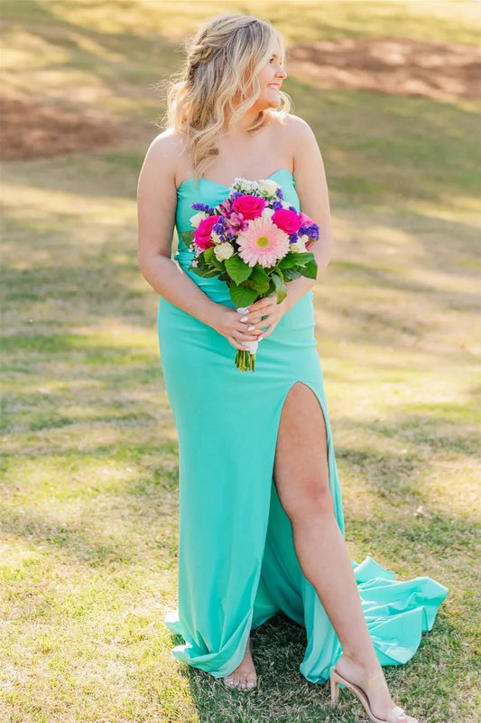 Romantic Strapless Sweetheart Neck Jersey Mermaid Prom Dress with Back Bow Tie & High Side Slit by JiMiss Dresses