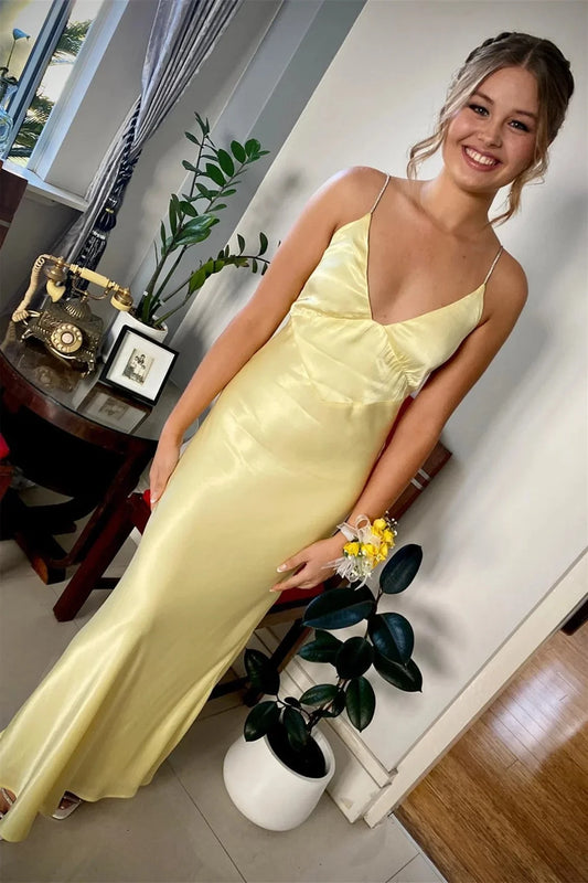 Romantic V-Neck Lemon Yellow Satin Mermaid Prom Dress with Low Open Back & Adjustable Spaghetti Straps by JiMiss Dresses