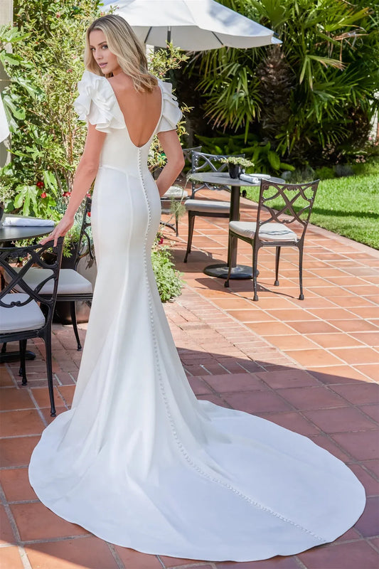 Mermaid Satin Short Sleeve Open Back Ruffled Mini Wedding Dress - Yihuiw by Yihuiw