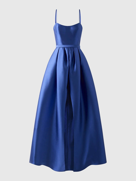 Royal Blue Satin Spaghetti Strap Maxi Dress with Front Slit Princess style bridesmaid dress with boat neckline in mikado Bridesmaid Dresses by YiHuiw