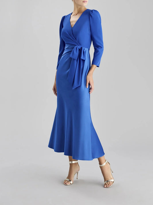 Royal Blue Wrap Midi Dress Tie Belt Occasion Dress A-line crepe party dress with V-neck and three-quarter sleeves Mother of the Bride Dresses by YiHuiw
