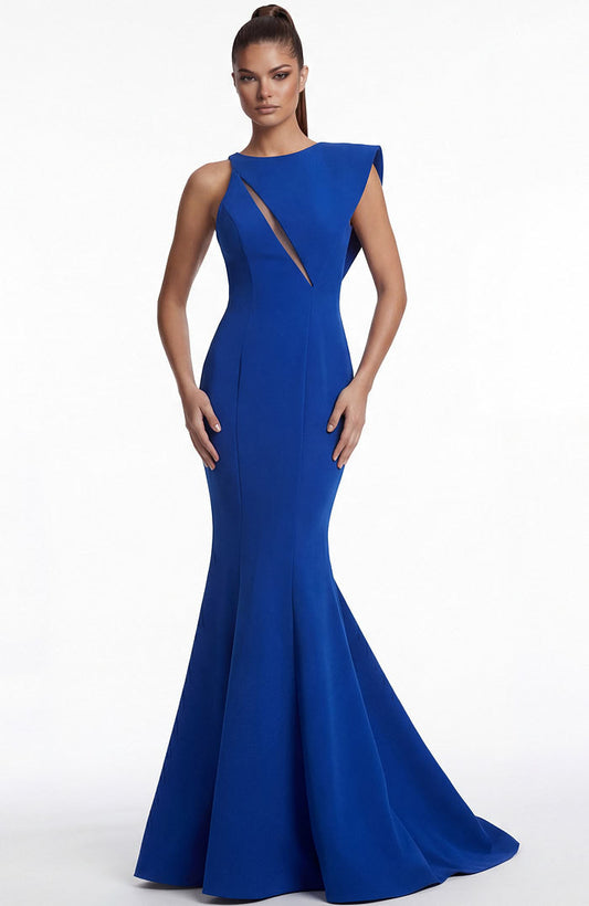 Royal Blue Asymmetrical Mermaid Evening Dress with Sheer Cutout, Structured Shoulder and Sweep Train