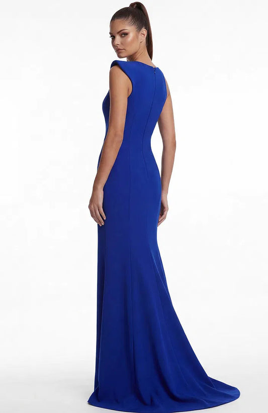 Royal Blue Asymmetrical Mermaid Evening Dress with Sheer Cutout, Structured Shoulder and Sweep Train