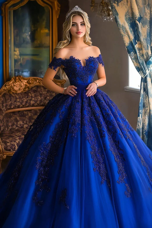 Royal Blue Off-the-Shoulder Ball Gown Prom Dress with Lace Appliques and Glitter Tulle Skirt