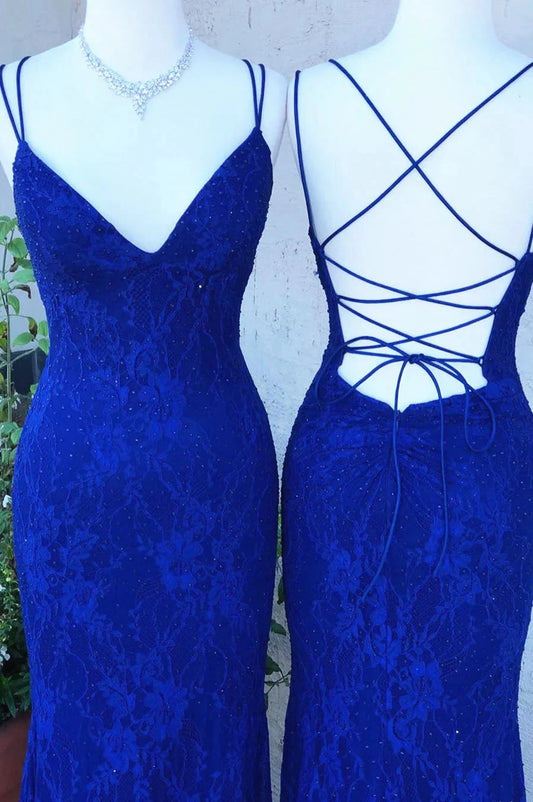 Royal Blue Lace Sheath Prom Dresses Long Open Back simple gentle atmospheric and unique desi Bring summer colors to enhance whiteness by YiHuiw