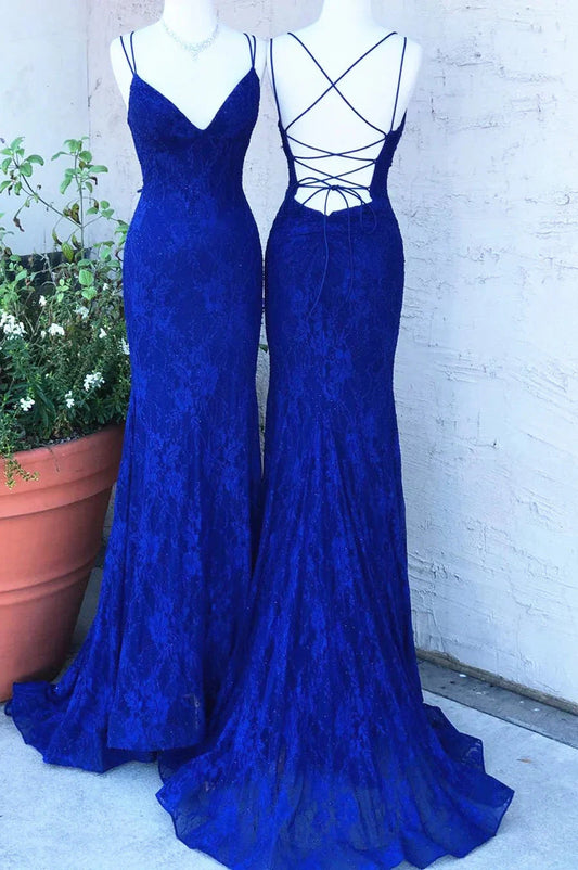 Royal Blue Lace Sheath Prom Dresses Long Open Back simple gentle atmospheric and unique desi Bring summer colors to enhance whiteness by YiHuiw