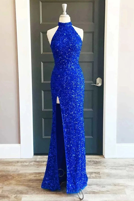 Royal Blue Sequin Halter Long Formal Dress with Slit Prom Dresses simple gentle atmospheric and unique desi Bring summer colors to enhance whiteness by YiHuiw